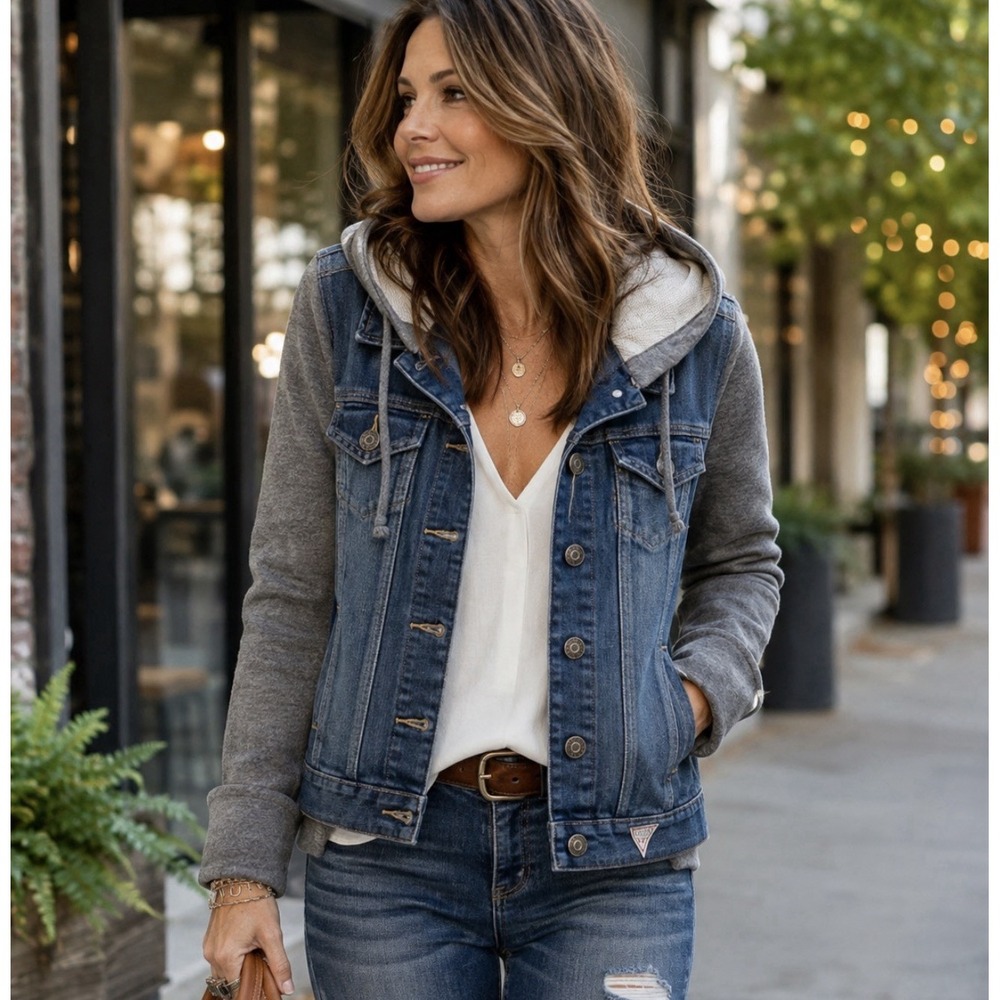 GUESS Jean Jacket Sz S/XS Denim Knit Sleeves Hood Hoodie Y2K Trucker Moto Y2K